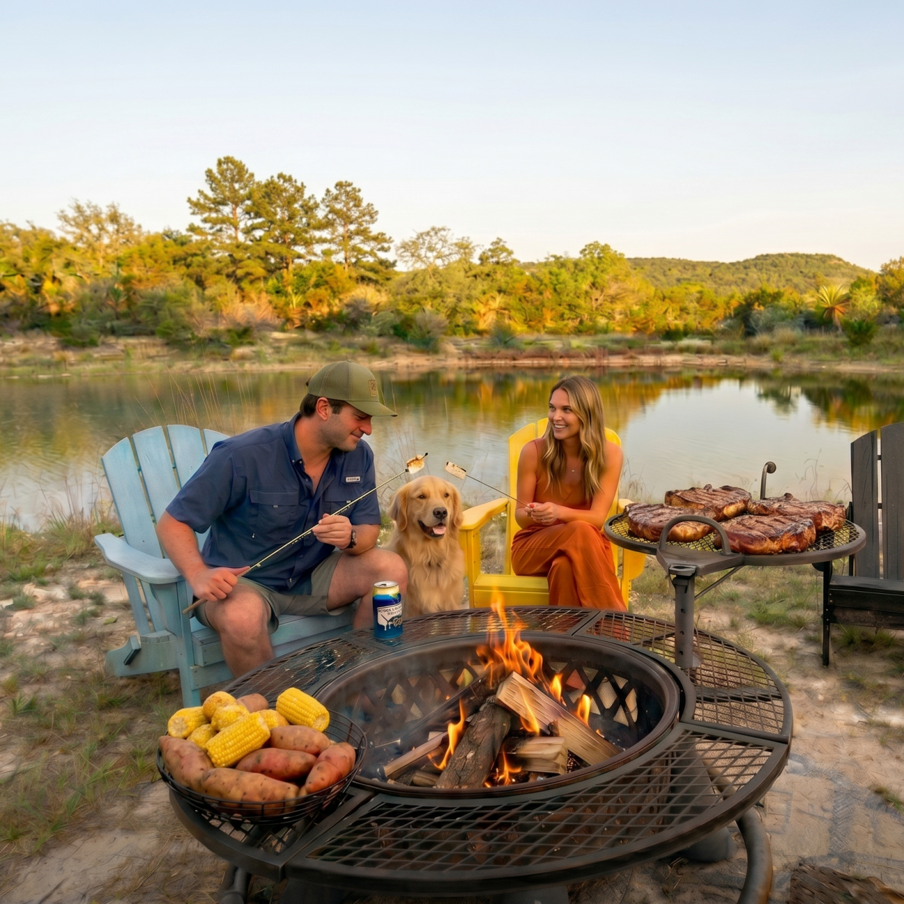 Guests relaxing with their dog around a fire pit beside the pond at Loving Heart Retreats.